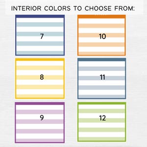 May include: Six color swatches with numbers 7 through 12. The swatches are in a grid pattern with a light blue, yellow, purple, orange, light blue, and green color scheme.