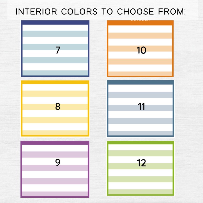 May include: Six color swatches with numbers 7 through 12. The swatches are in a grid pattern with a light blue, yellow, purple, orange, light blue, and green color scheme.