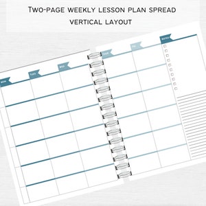 May include: A two-page weekly lesson plan spread with a vertical layout. The pages are divided into days of the week, with space for notes on the right side. The pages are bound together with a silver coil.