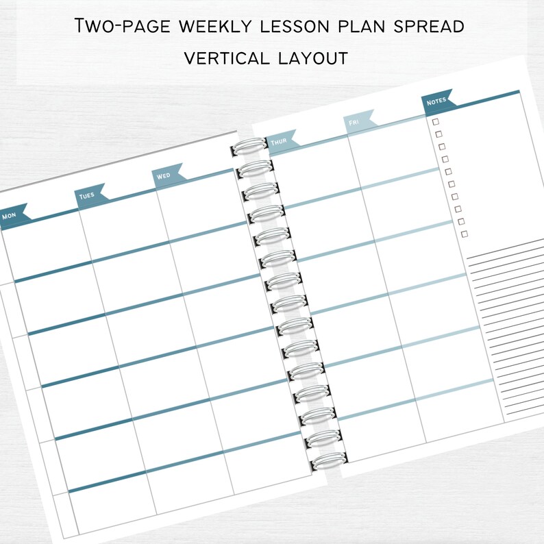 May include: A two-page weekly lesson plan spread with a vertical layout. The pages are divided into days of the week, with space for notes on the right side. The pages are bound together with a silver coil.