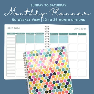 8.5x11 Sun-Sat 2025 Monthly Planner | 2025 12 to 36 month Planner | Customizable start month | Two page monthly spread