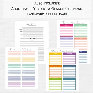 May include: Printable planner pages with a colorful year at a glance calendar, password tracker, and a hello page. The pages are designed with a simple, modern aesthetic.