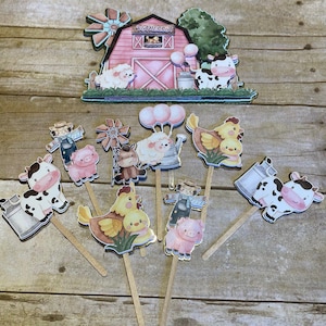 FARM CAKE TOPPER & farm mini toppers, farm party decorations, Farm theme party, Pink farm cake topper, Farm birthday party