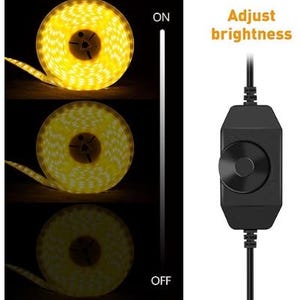 Peut inclure: Bande lumineuse LED jaune enroul&eacute;e, avec un contr&ocirc;le de luminosit&eacute; r&eacute;glable. L'image montre les lumi&egrave;res &agrave; diff&eacute;rents niveaux de luminosit&eacute;, avec les textes "ON" et "OFF". Le contr&ocirc;le est noir.
