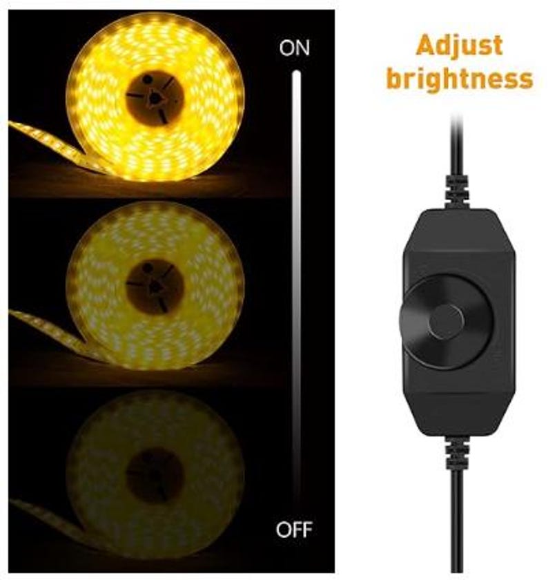 Peut inclure: Bande lumineuse LED jaune enroul&eacute;e, avec un contr&ocirc;le de luminosit&eacute; r&eacute;glable. L'image montre les lumi&egrave;res &agrave; diff&eacute;rents niveaux de luminosit&eacute;, avec les textes "ON" et "OFF". Le contr&ocirc;le est noir.