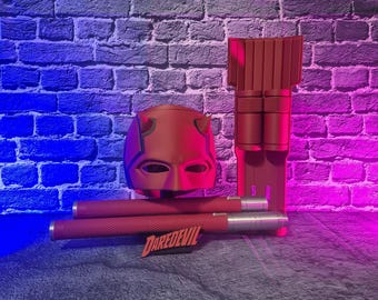 Daredevil  Cosplay Bundle – 3D Printed Hero Cowl, Baton Props, Holster & Display Stand – Comic Inspired Costume Set Blind Vigilante
