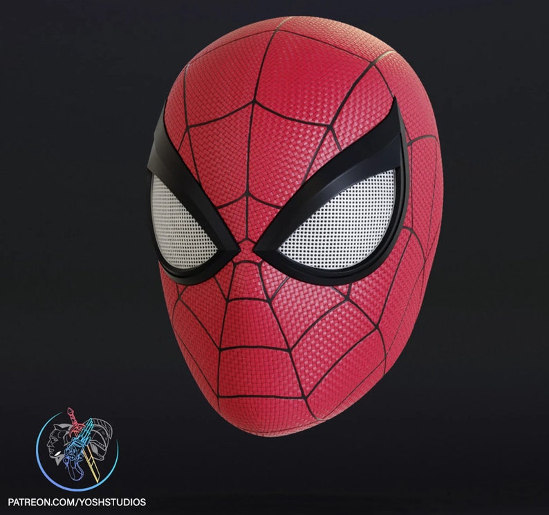 May include: A red and black Spider-Man mask with a mesh eye design.