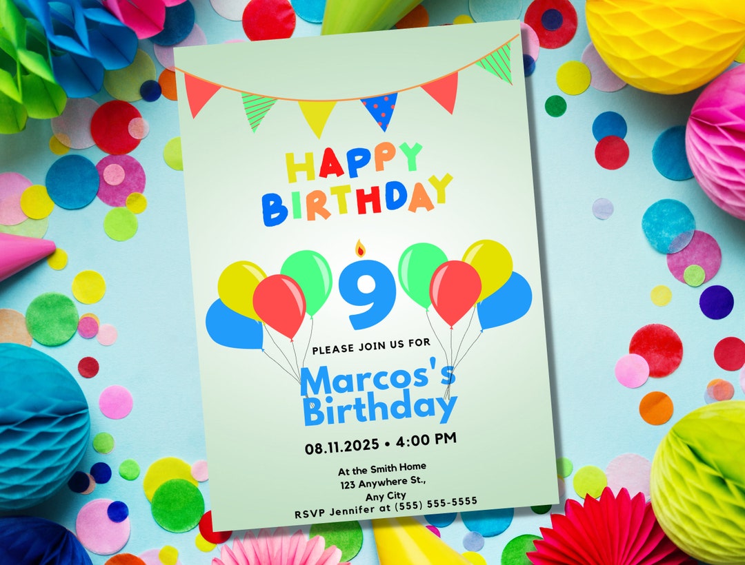 Editable Balloon Party Invitation for 9th Birthday, 9 Year Old Birthday ...