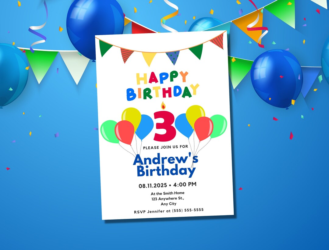 Editable Balloon Party Invitation for 3rd Birthday, 3 Year Old Birthday