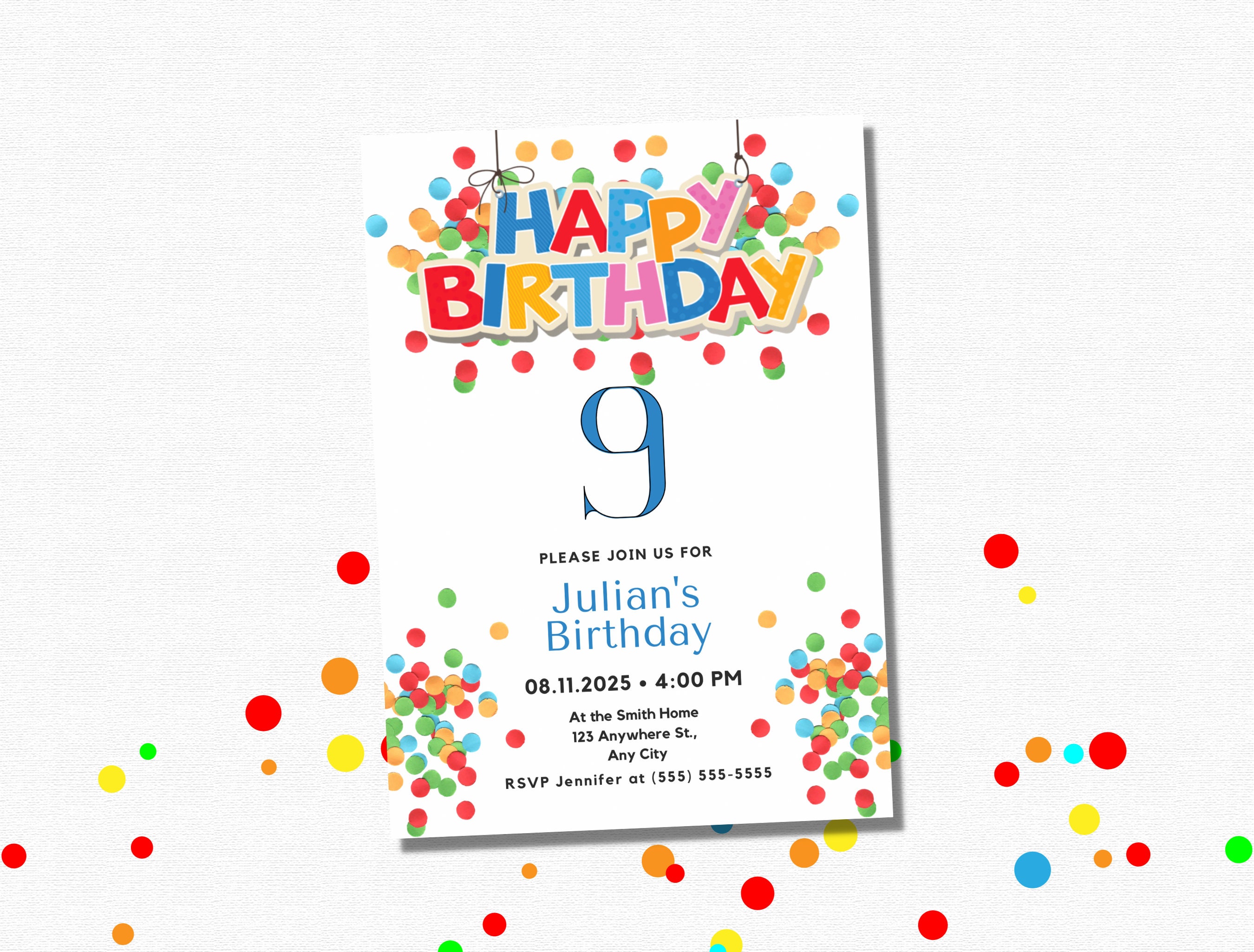 Editable Confetti Invitation for 9th Birthday 9 Year Old - Etsy