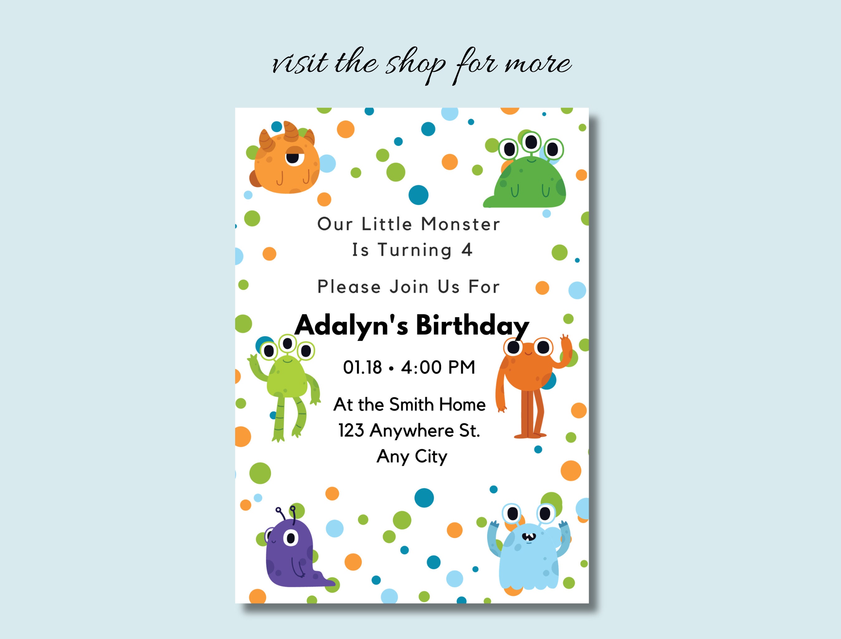 Editable Monster Design Themed Birthday Celebration Invitation Digital ...