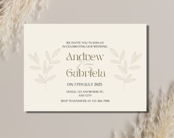 Editable Invite Classic Wedding, Leaf Wedding Invitation Card Design, Minimalist Wedding Invitation Instant Download