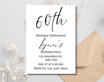 60th Birthday Party Invitation, Celebration Invites For Adults Canva Template, Birthday Party Invitation Digital Download