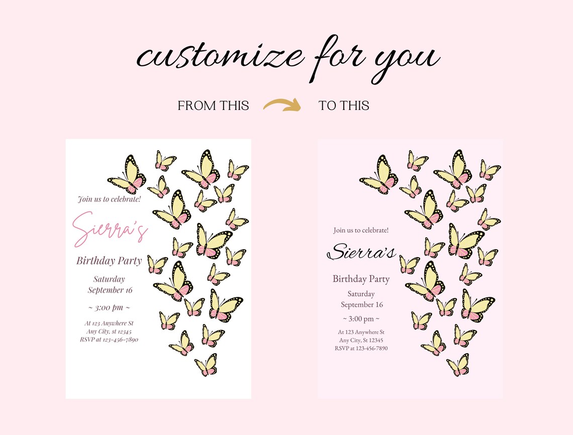 Editable Butterfly Birthday Invitation Girl Birthday Invite Butterfly ...