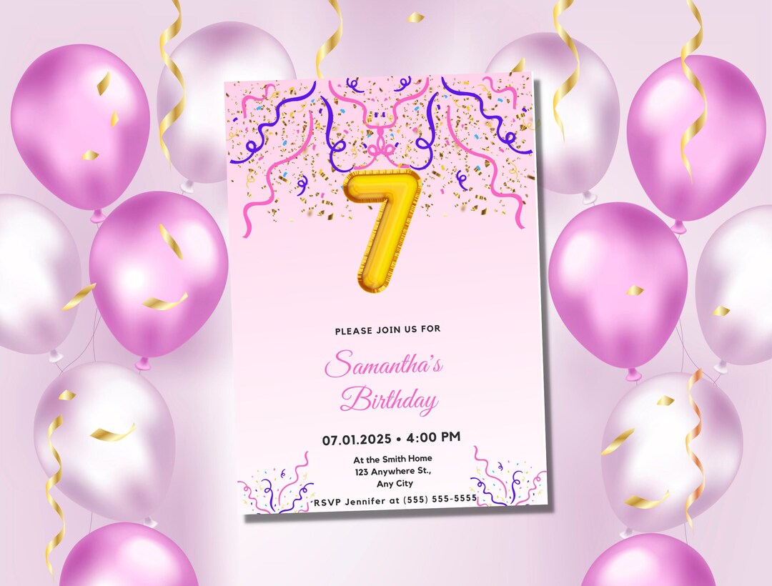Editable Invitation for 7th Birthday Numbered Invitation Etsy