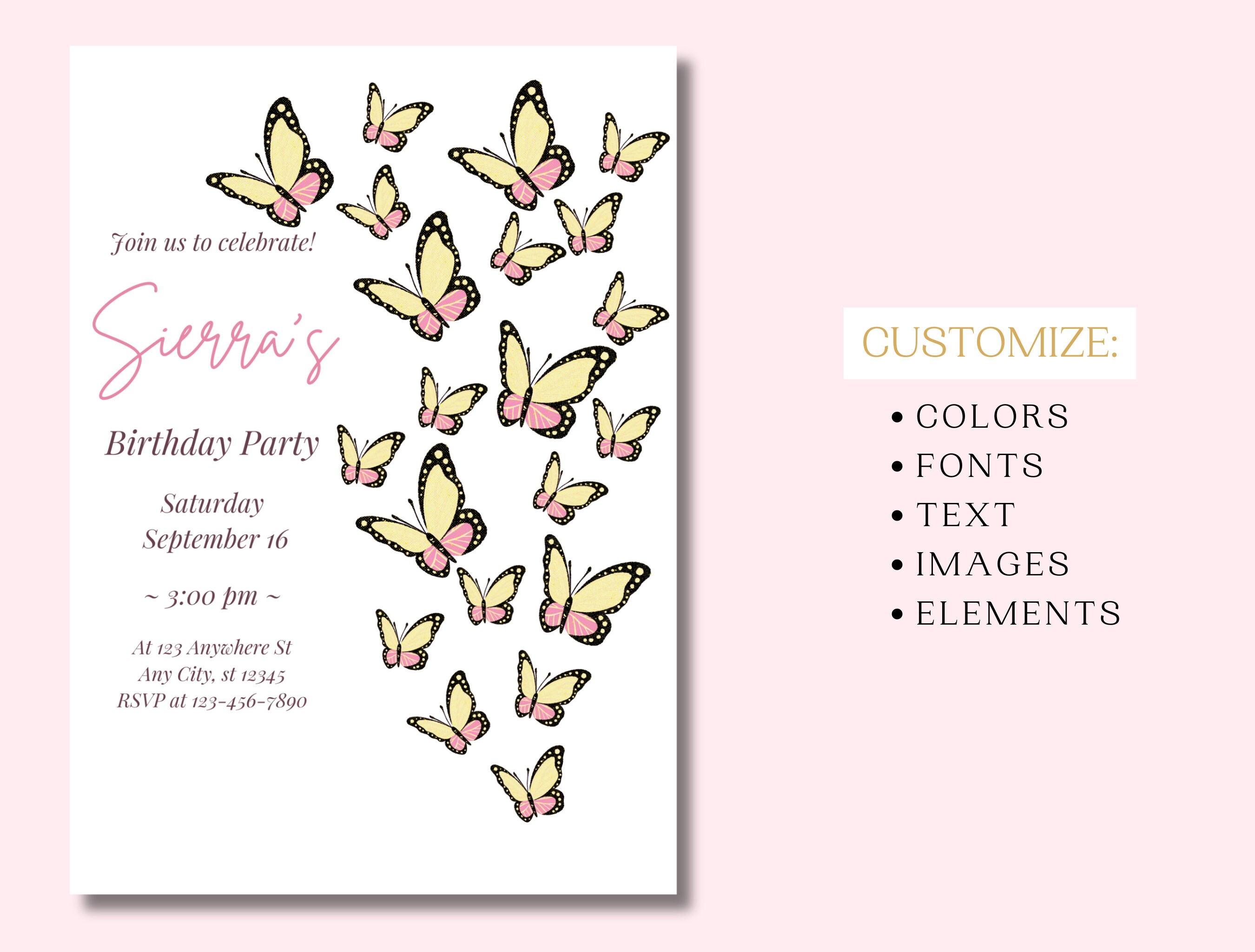 Editable Butterfly Birthday Invitation Girl Birthday Invite Butterfly ...