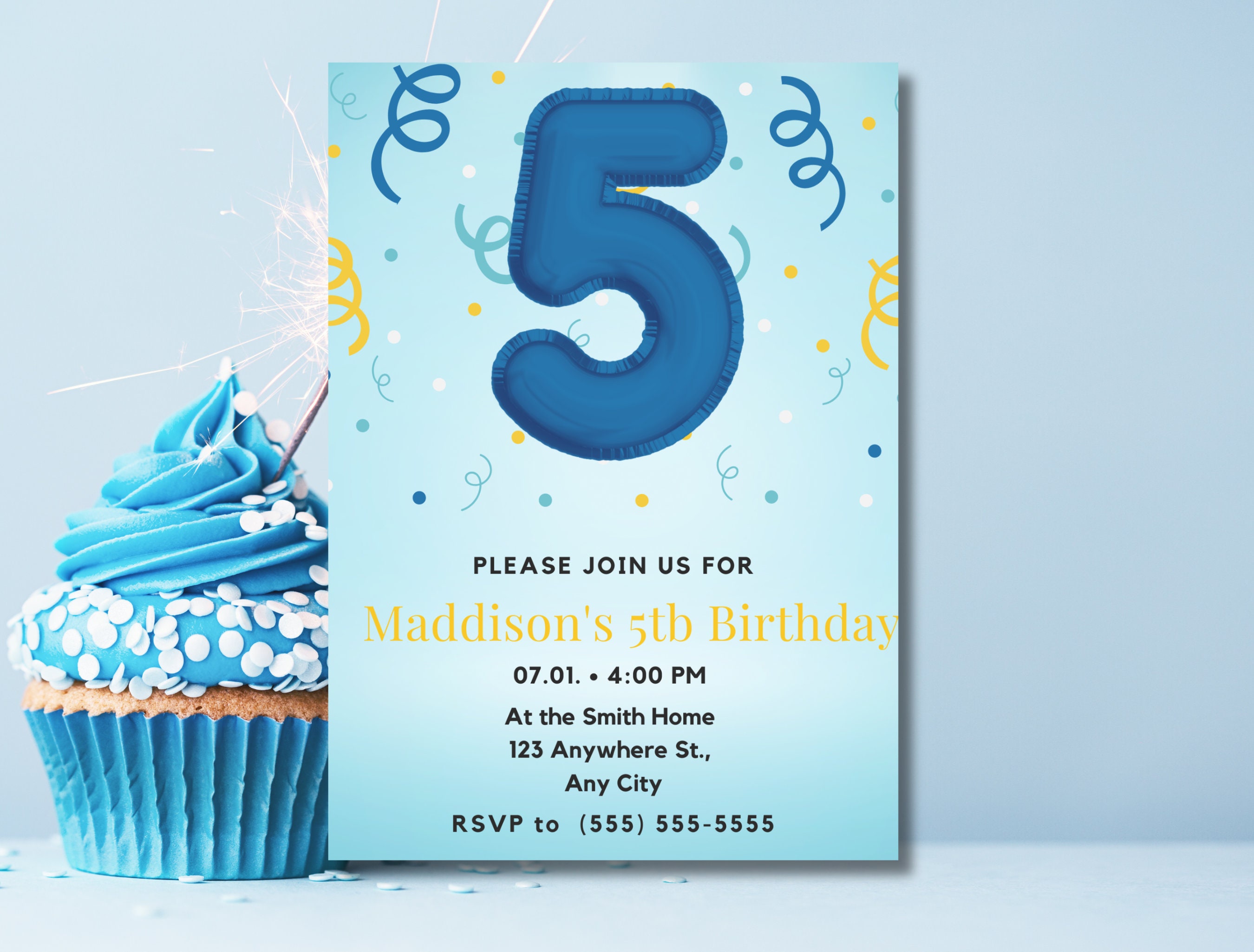 Editable Blue Streamers Party Invitation for 5th Birthday, 5 Year Old ...