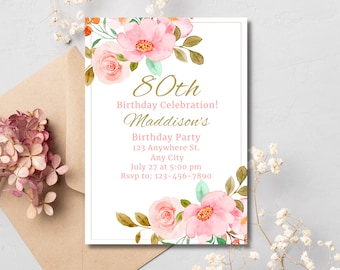 Eightieth Birthday Invitation Template, Editable Template Invitation For Women, 80th Birthday Party Invitation, 80th Birthday Digital Invite