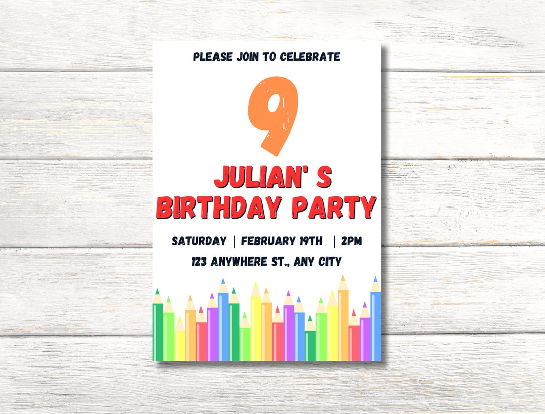 Editable Colored Pencil Invitation for 9th Birthday 9 Year - Etsy