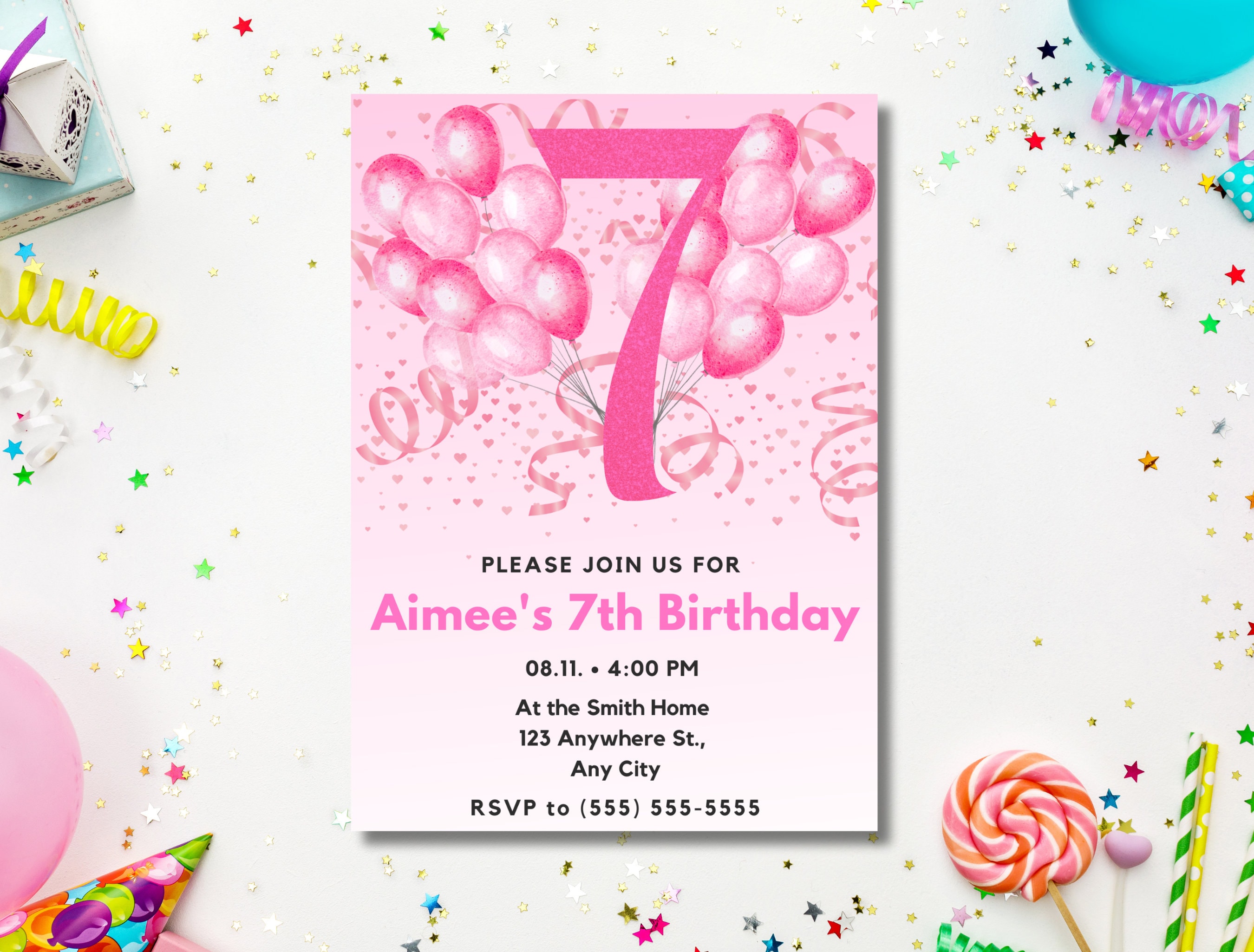 Editable Pink Balloon Party Invitation for 7th Birthday, 7 Year Old ...