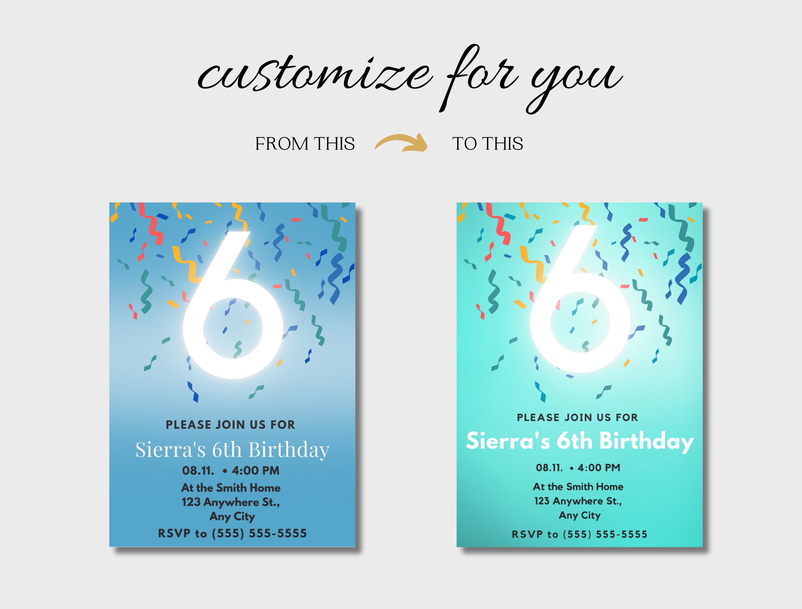 Editable Blue Confetti Party Invitation for 6th Birthday 6 - Etsy