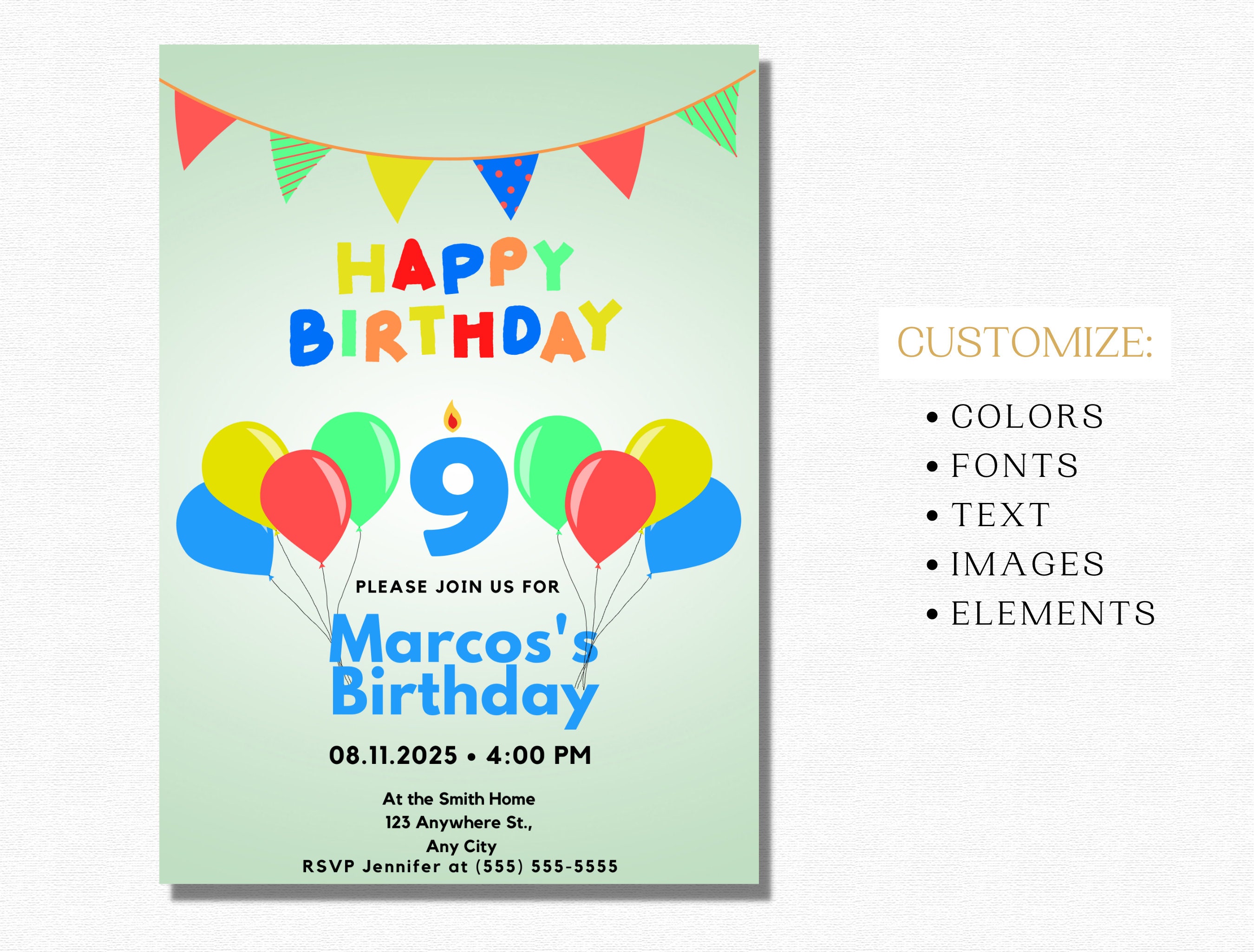 Editable Balloon Party Invitation for 9th Birthday, 9 Year Old Birthday ...