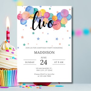 Bearbeitbare Ballonpartyeinladung zum 2. Geburtstag, 2 Jahre alte Geburtstagskarte einladen für Mädchen, herunterladbare 2. Geburtstagsfeier einladen