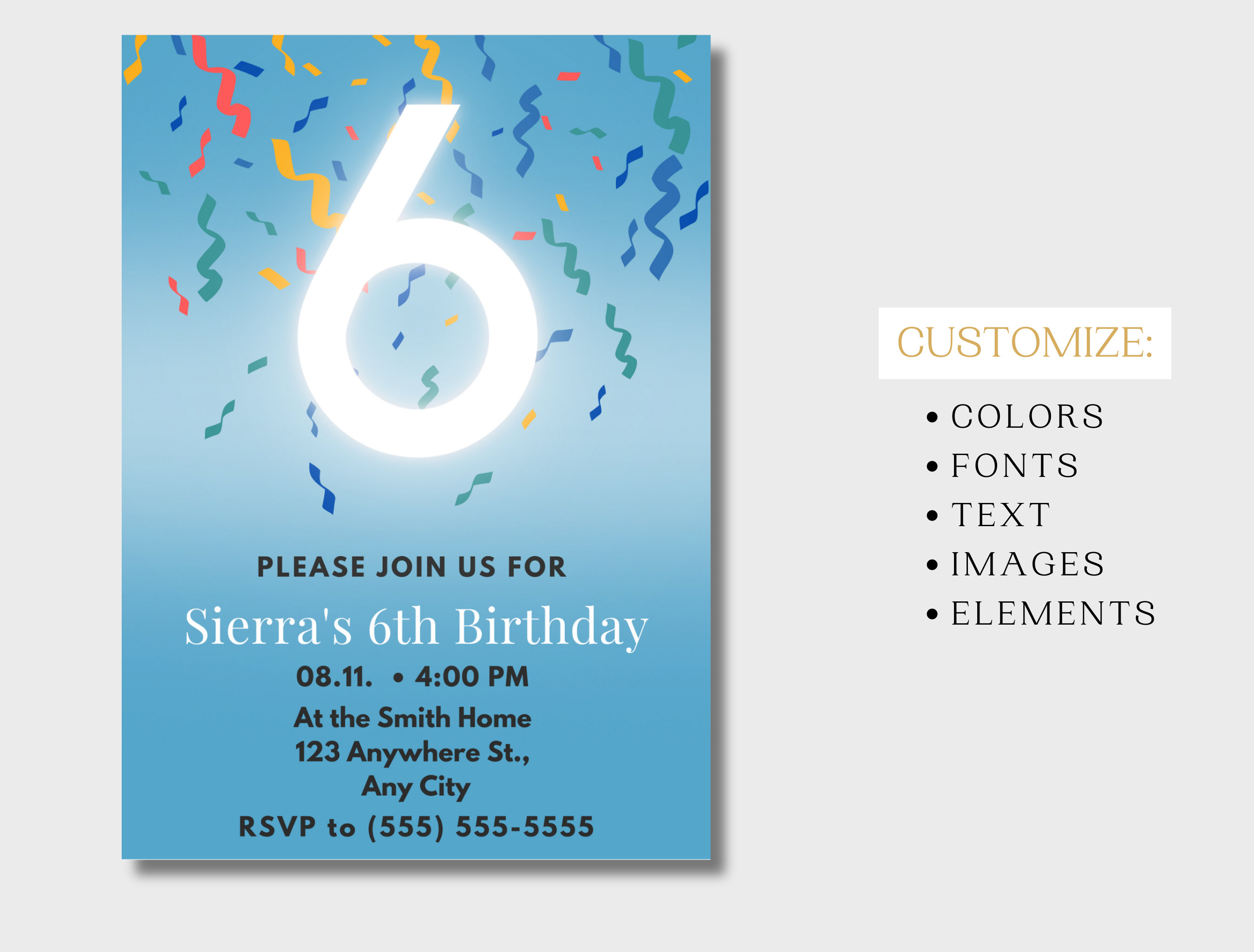 Editable Blue Confetti Party Invitation for 6th Birthday, 6 Year Old ...