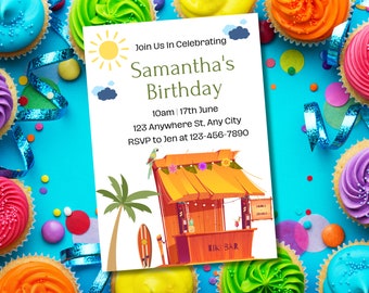 Tropical Hawaiian Birthday Invitation, Luau Birthday Party Invitation Template, Hawaiian Luau Template Invitation