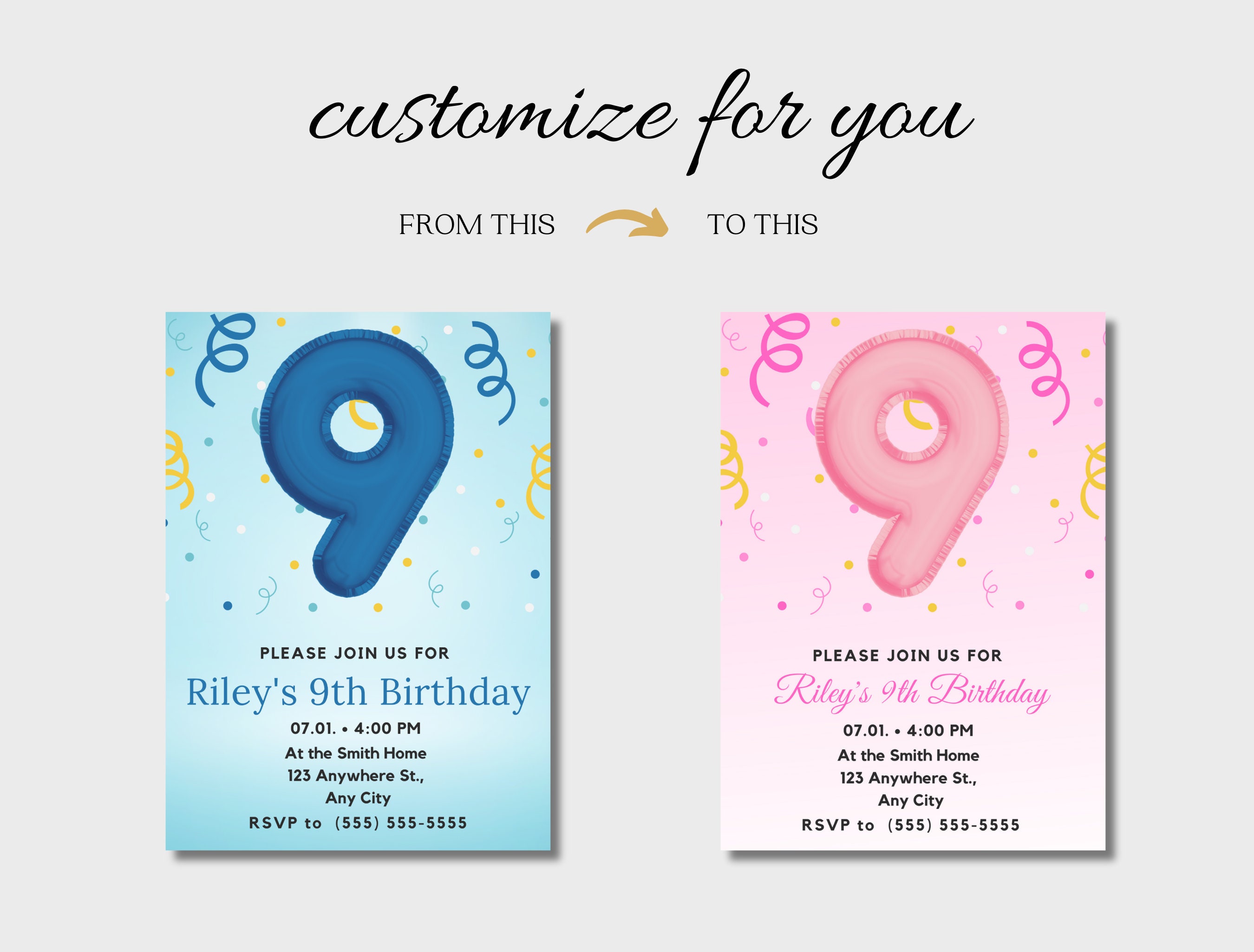 Editable Blue Streamers Party Invitation for 9th Birthday, 9 Year Old ...