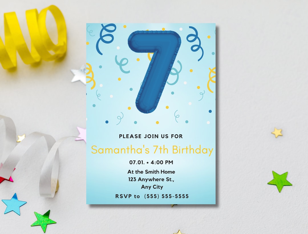 Editable Blue Streamers Party Invitation for 7th Birthday, 7 Year Old