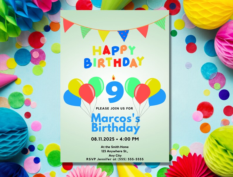Editable Balloon Party Invitation for 9th Birthday, 9 Year Old Birthday ...