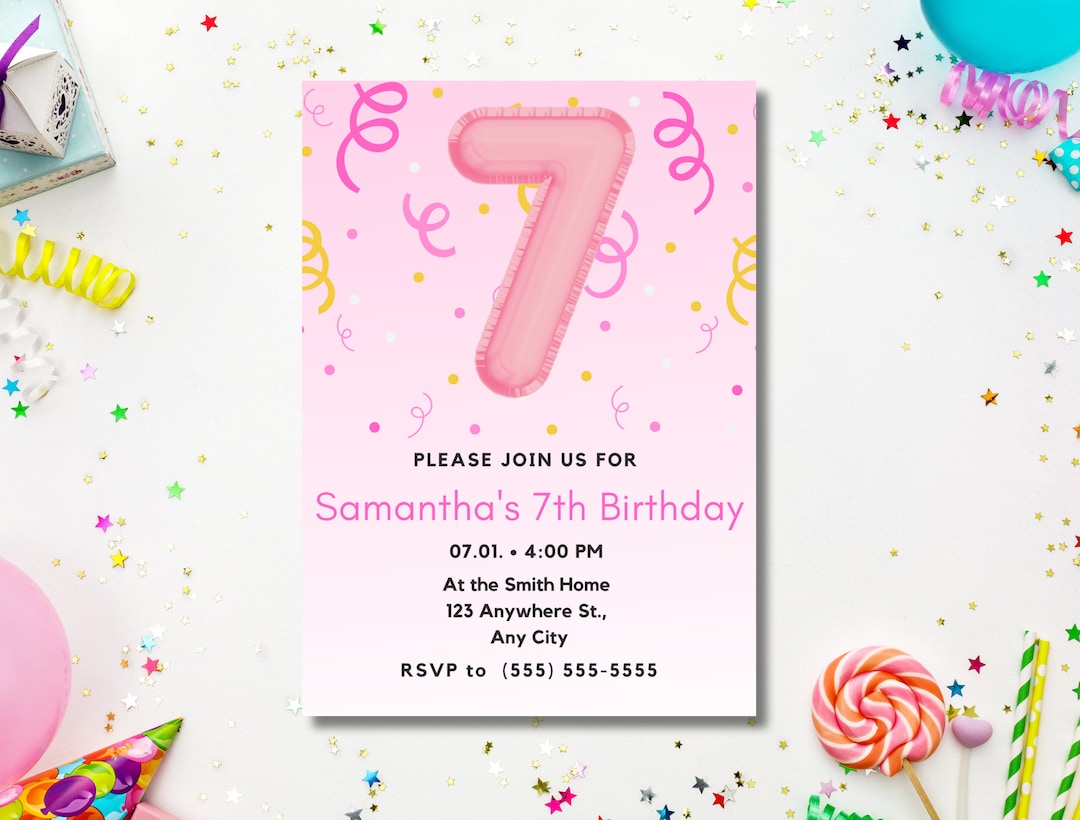 Editable Pink Streamers Party Invitation for 7th Birthday, 7 Year Old