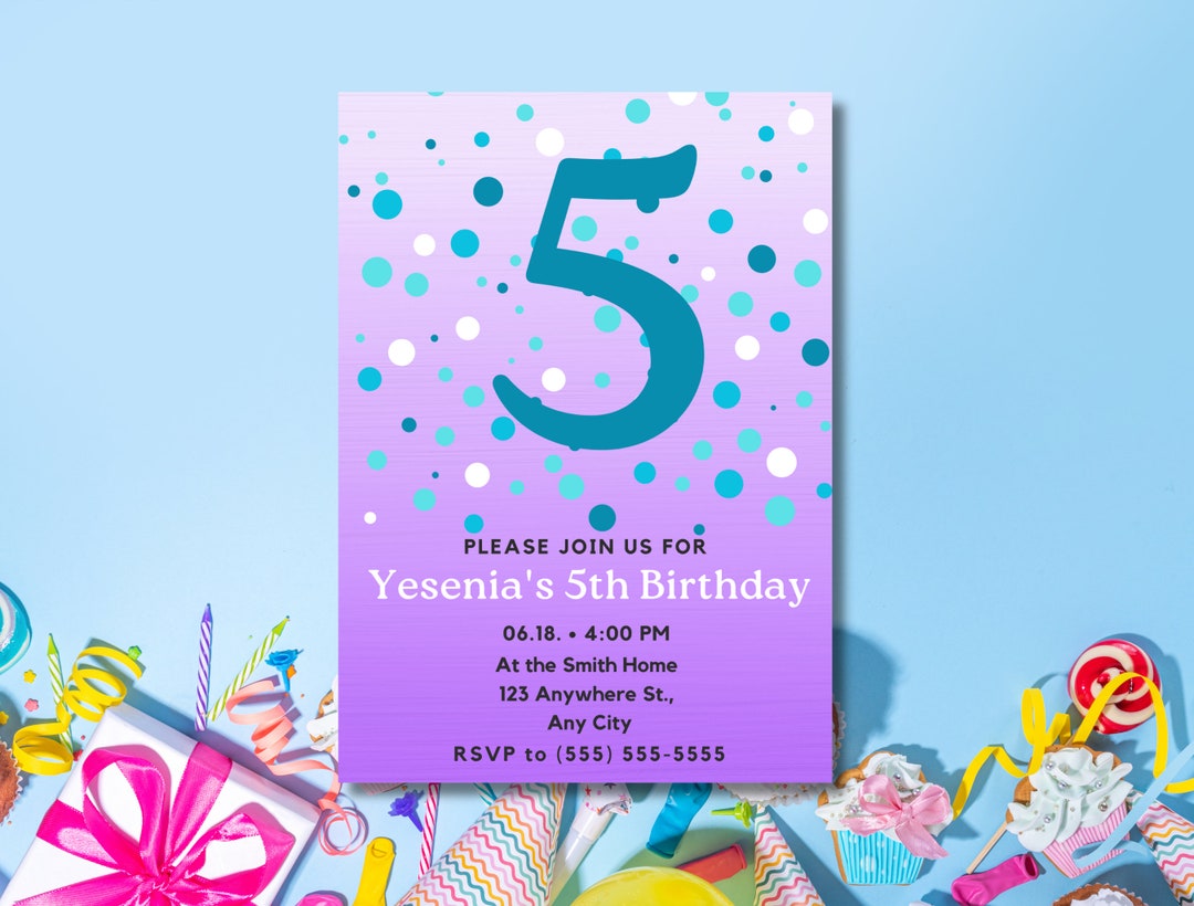 Editable Purple Confetti Party Invitation for 5th Birthday 5 Etsy