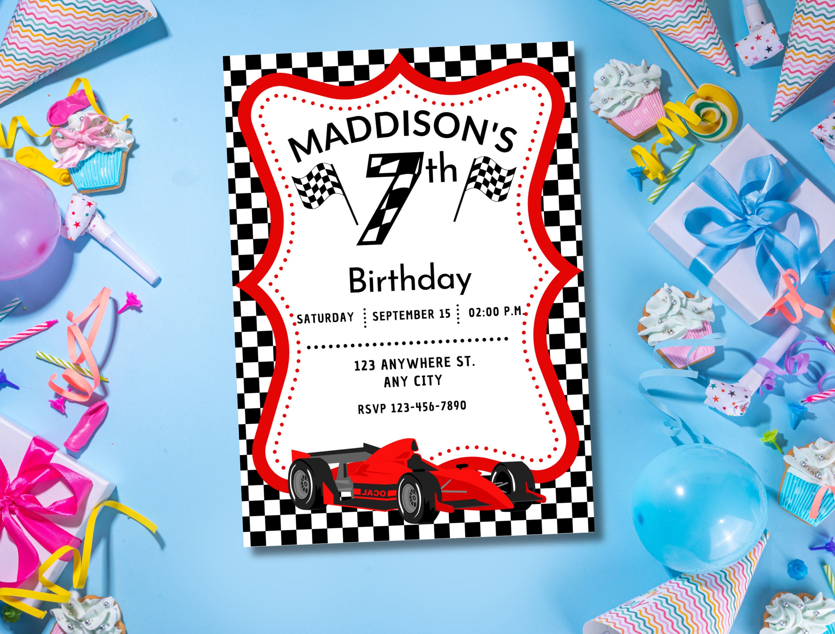 Editable Race Car Party Invitation for 7th Birthday 7 Year Etsy