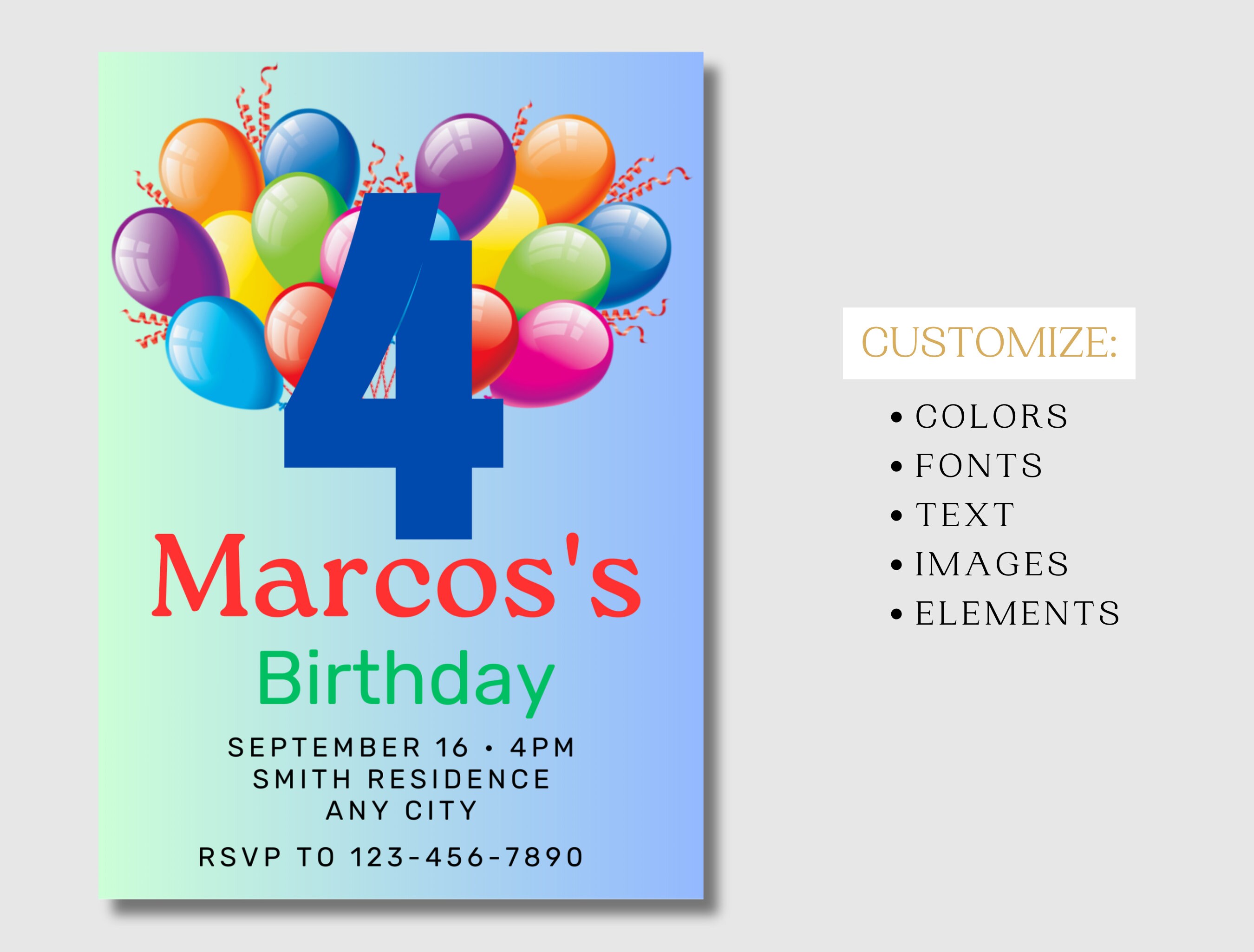 Editable Balloon Party Invitation For 4th Birthday 4 Year Old Birthday