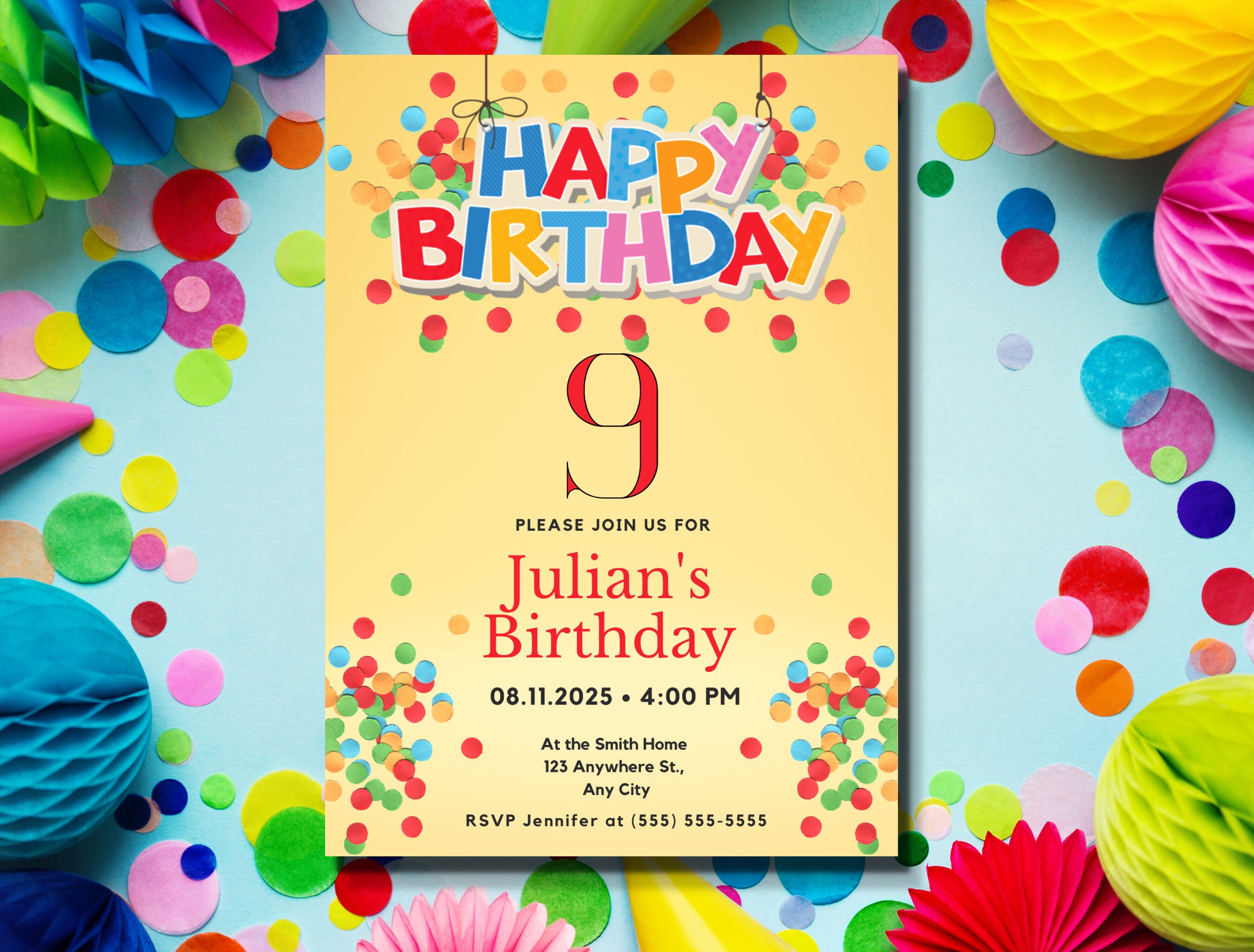 Editable Confetti Invitation for 9th Birthday Celebration for Boys - Etsy
