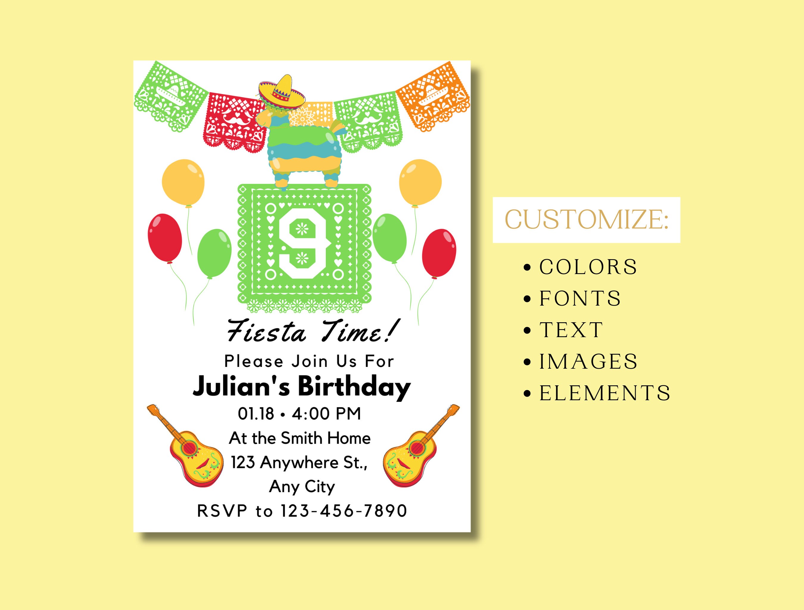 Editable Fiesta Birthday Invitation for 9th Birthday, 9 Year Old ...