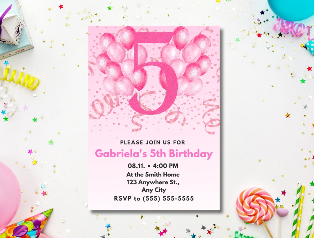 Editable Pink Balloon Party Invitation for 5th Birthday 5 Etsy