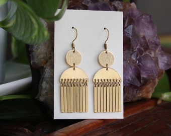 Gold Half Moon Statement Earrings, Geometric Brass Bohemian earrings, Boho minimalist dangle earrings, bridal jewelry