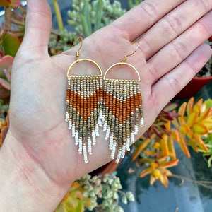 Beaded fringe earrings, southwestern beaded earrings, gold boho seed bead earrings, beaded ombre earrings, gift for her long beaded earrings