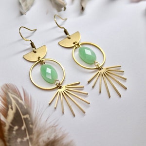 Green Jade gemstone Gold Boho earrings, geometric hoop earrings, gemstone earrings, modern brass dangle earrings, gold statement hoops