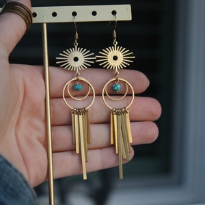 Long gold earrings, geometric earrings, turquoise boho earrings, half moon earrings, celestial earrings, long dangle earrings, unique gift