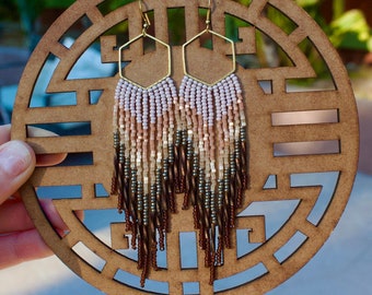 long beaded fringe earrings, gold beaded statement earrings, seed bead earrings, boho brass beaded earrings, ombre fringe hexagon hoop