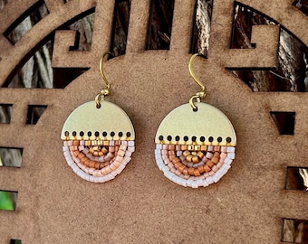 Beaded Boho Geometric Earrings, Brass Seed Bead Earrings, Gold Beaded Earrings, minimalist modern earrings, statement piece