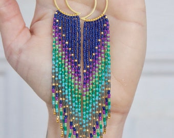 Long beaded fringe earrings, gold moon shape seed bead earrings, blue purple ombré beaded earrings, handmade beaded fringe earrings