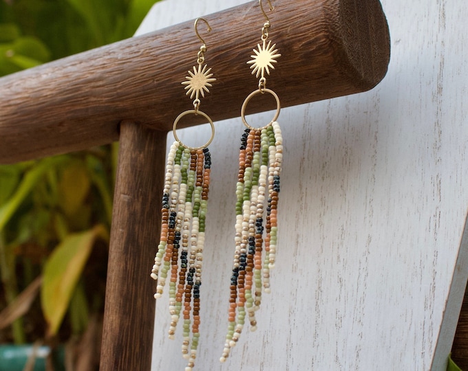 Beaded Hoop Fringe Earrings, Seed Bead Dangle Earrings, Modern Boho ...