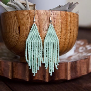Sage Seed Bead Earrings, beaded fringe earrings, mint green beaded earrings, long fringe earrings, gift for her, boho earrings