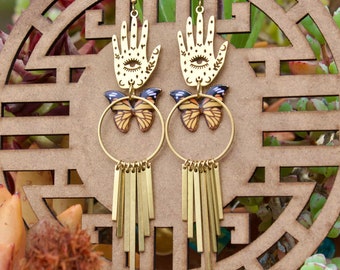 Gold celestial butterfly earrings, tarot astrology horoscope earrings, zodiac earrings, gothic witchy hoop earrings, bohemian boho earrings,