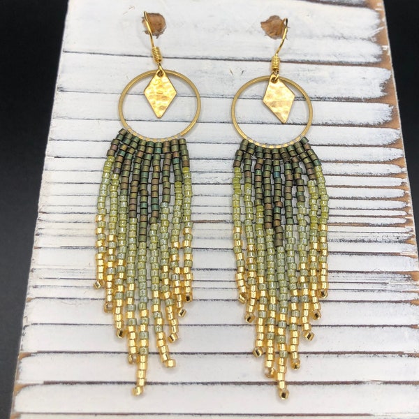 Gold Beaded Fringe Earrings, beaded hoop earrings, Boho beaded Earrings, Ombre Seed Bead Earrings, Statement Earrings, green beaded earrings